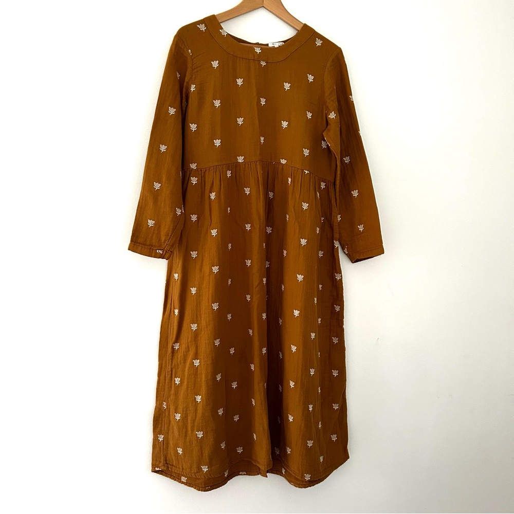 Rylee + Cru Mustard Brown Long Sleeve Midi Dress with Subtle Dot Print - Picture 3 of 13